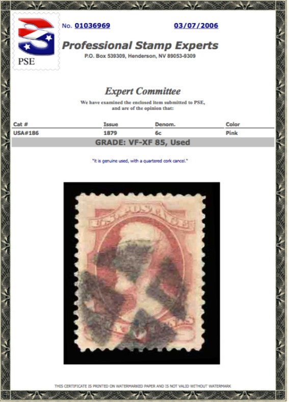 #186 Used, PSE Graded 85, PSE Cert # 01036969