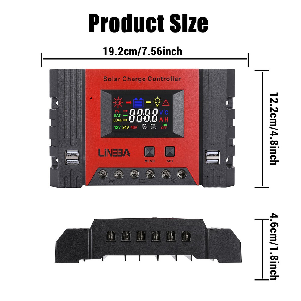 100A PWM Solar Charge Controller LCD Display Battery Intelligent Regulator 4-USB