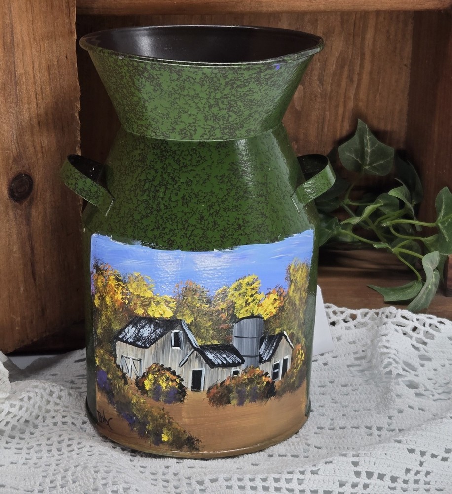 milk can w/ fall barn (26105) hand painted