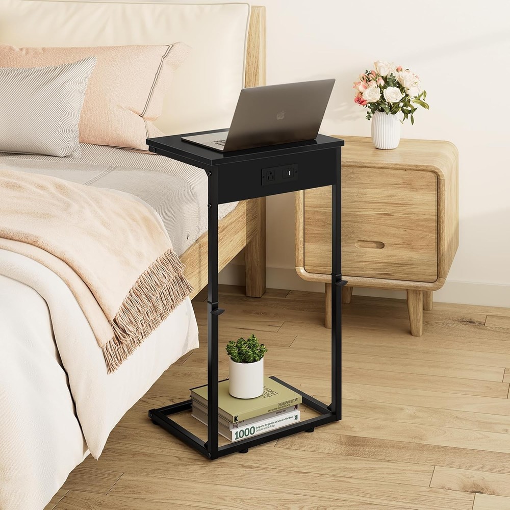 C Shaped End Table W/ Charging Station Adjustable Height Side Table Couch,Small