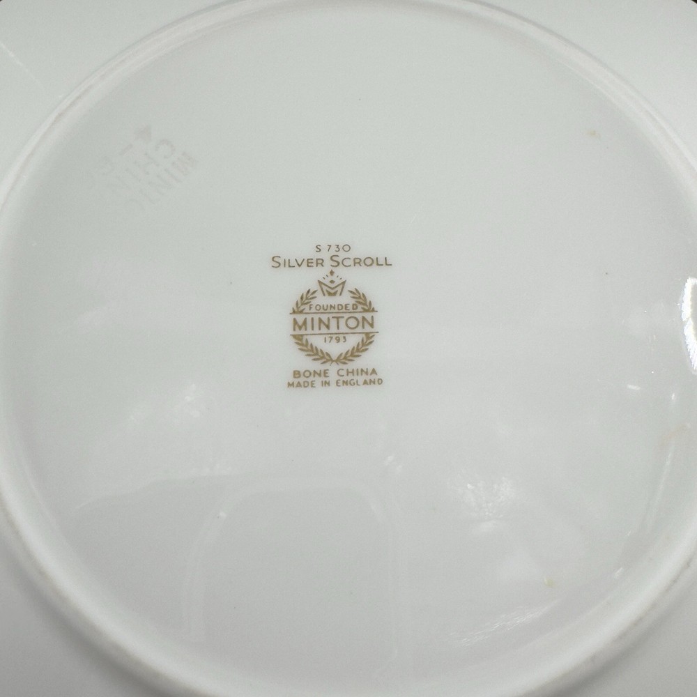 Minton Silver Scroll Pattern Round Porcelain Dish Plate Set 6 Made In England
