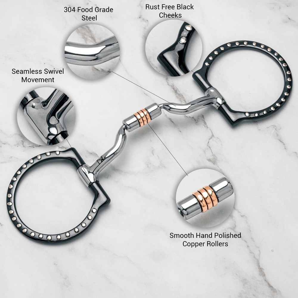 NY Tack 5" Western Silver Dotted D Ring Low Port Copper Rollers Snaffle Bit