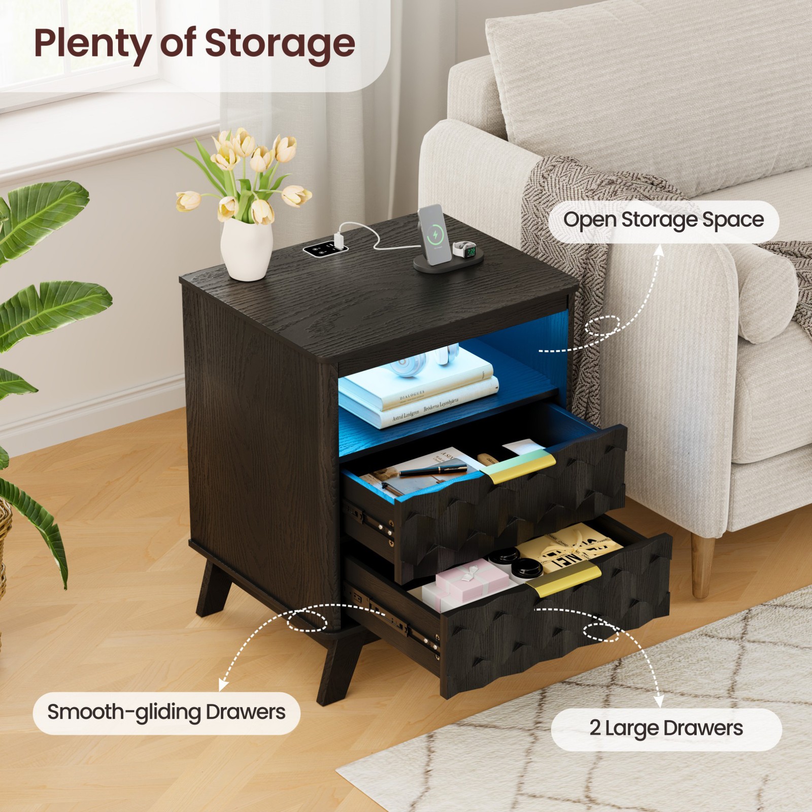 Gurexl Night Stand Set of 2 - with Charging Station and 3-Color LED Light, Black