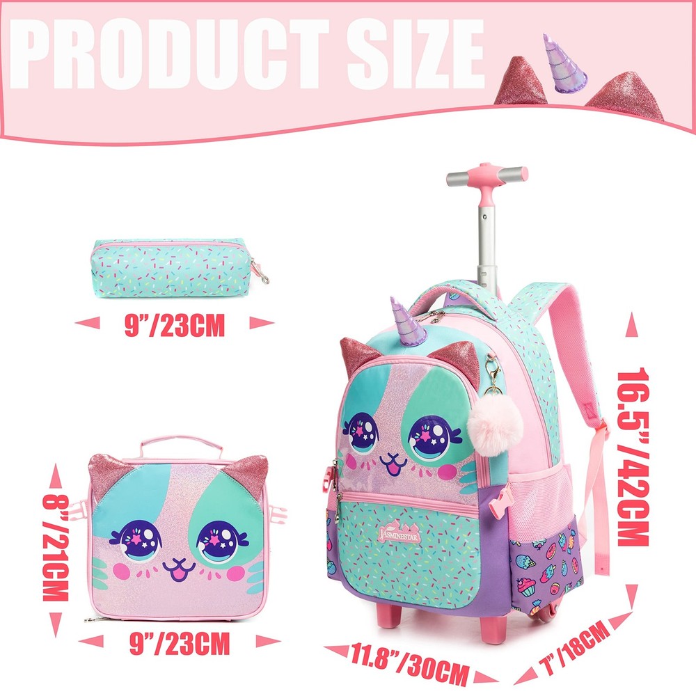 Unicorn Roller Backpack with Wheels Set for Elementary Students Carry on Lugg...