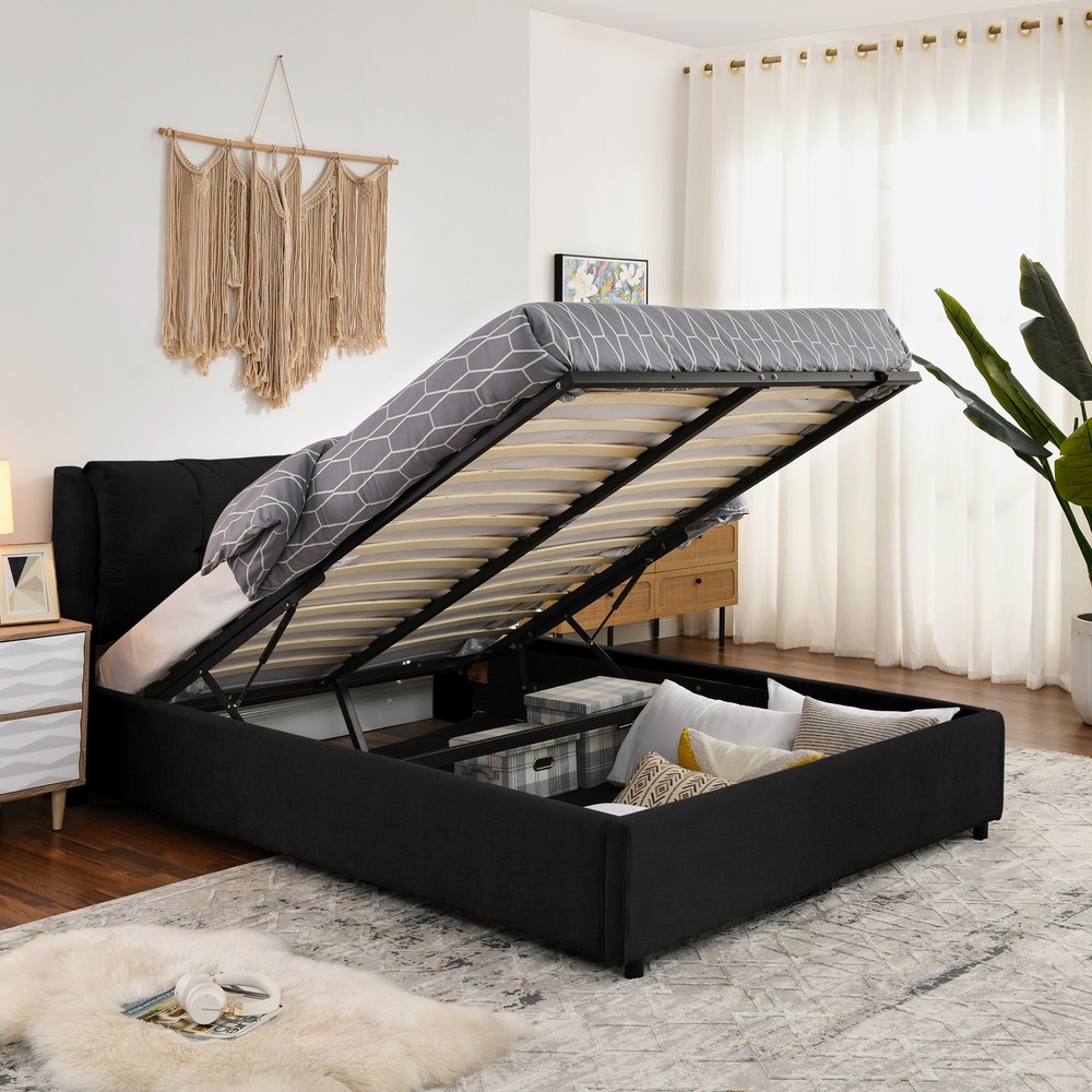 Queen Size Storage Upholstered Hydraulic Platform Bed with Integrated Headboard