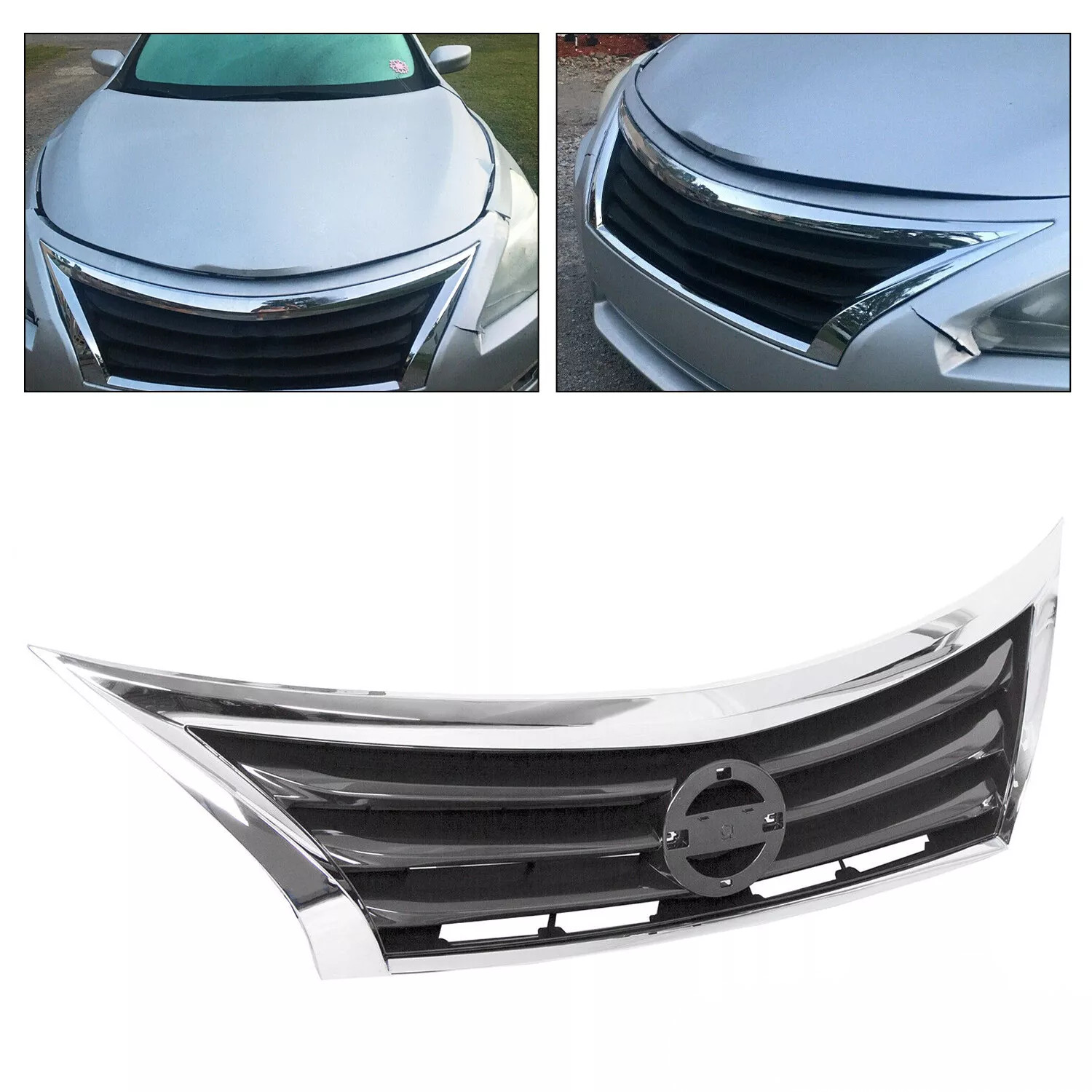 For Nissan Altima 2013 2014 2015 Front Bumper Upper Grille Black w/ Chrome Trim