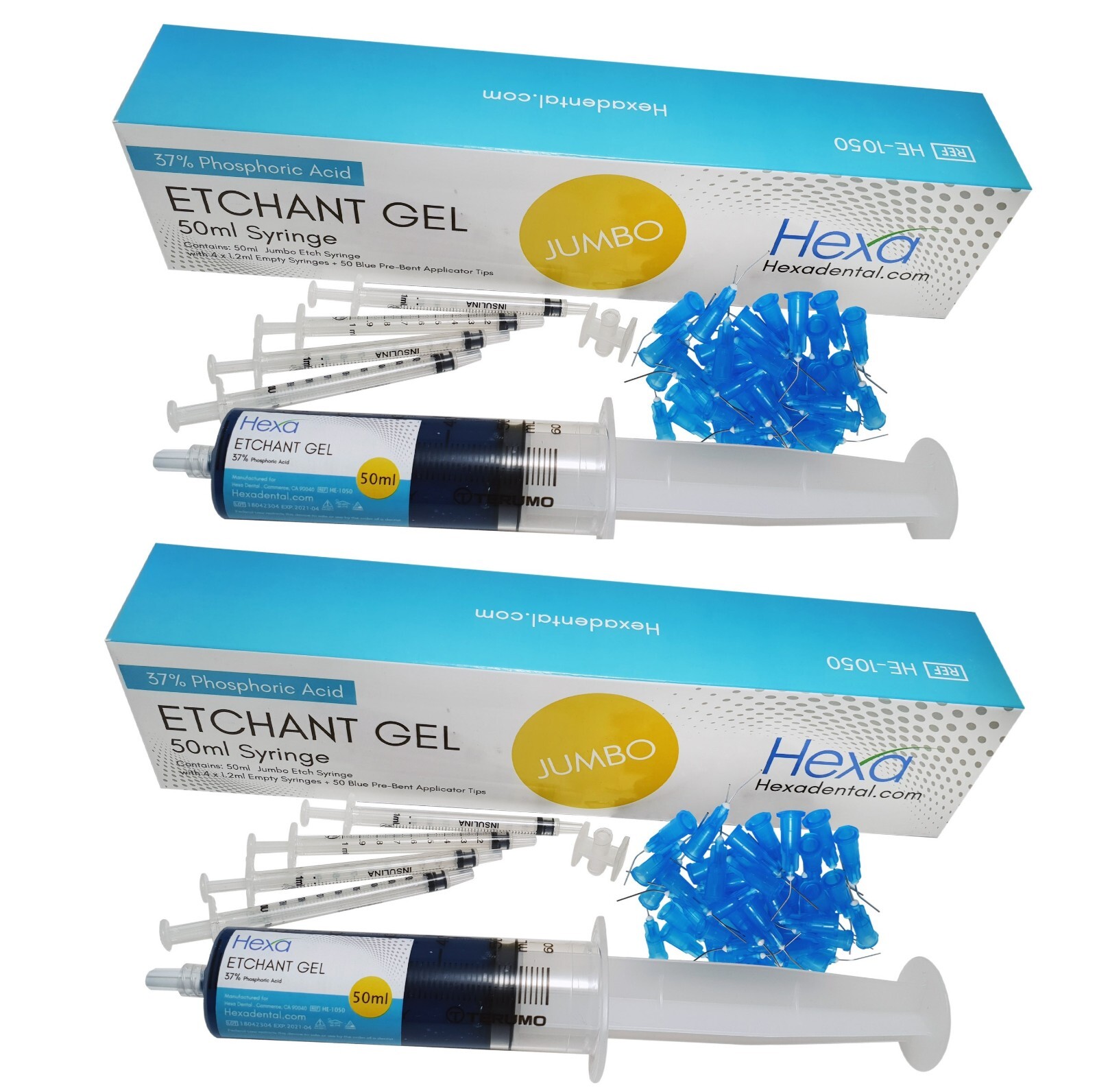 2 x Hexa Etch Gel 37% 50ml Jumbo Syringe Dental Etchant + 100 Tips & 8 Syringes
