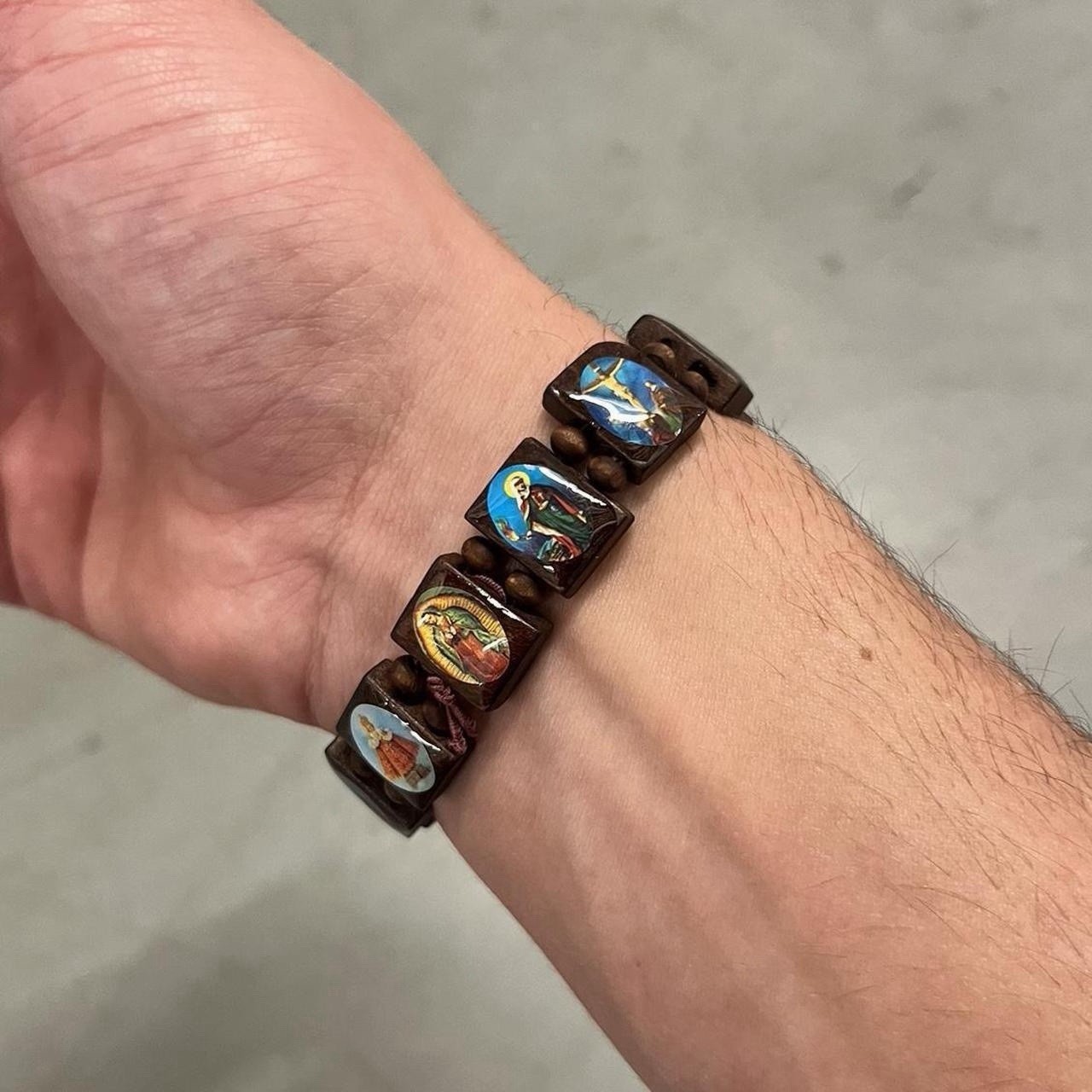 Wooden Jesus Virgin Mary Bracelet Saints Rosary Stretch Adjustable