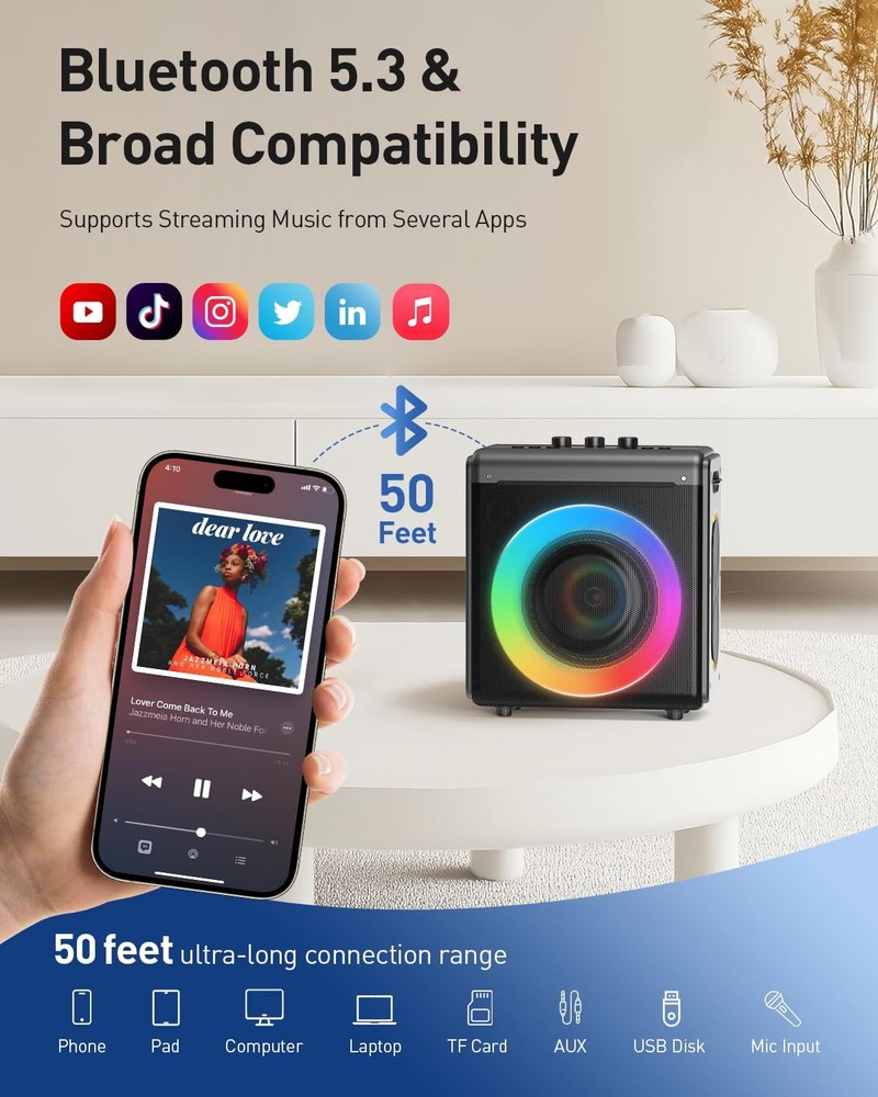 VERKB Karaoke Machine with 2 Wireless Microphones Portable Bluetooth Speaker ...