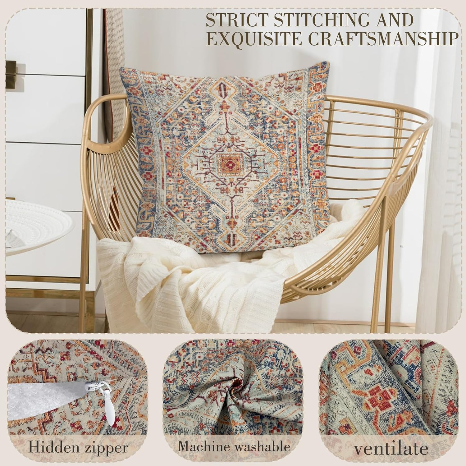 Boho Throw Pillow Covers 18x18 inch Set of 2,Bohemian Vintage Carpet Pattern Ant