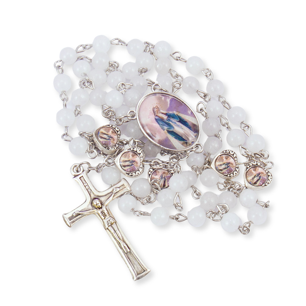 Clear Agate Beads Miraculous Rosary Necklace Epoxy Medal & Jesus Cross