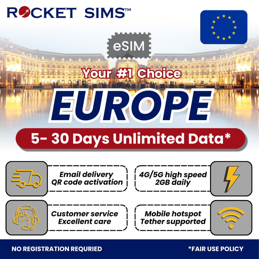 Europe Travel eSIM Rocket High Speed Unlimited Data QR Code Activation