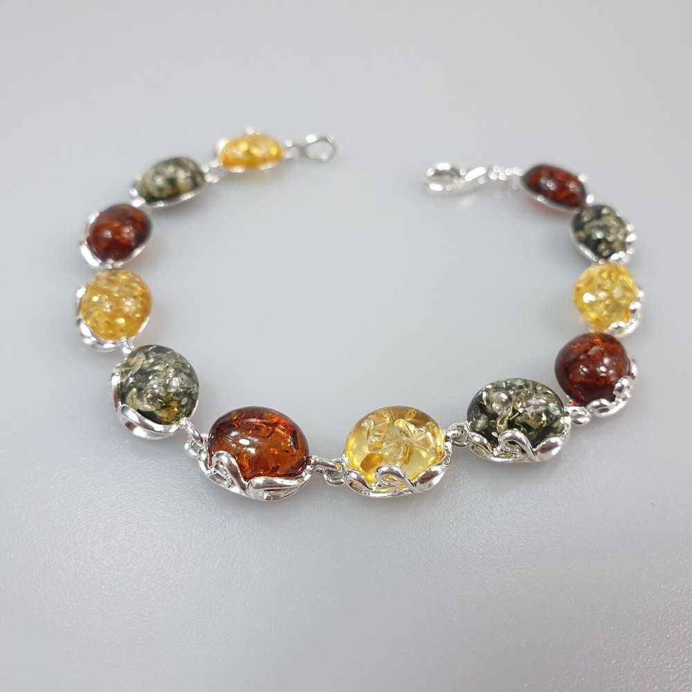 Multicolored Amber Bracelet Silver 925 Adjustable Large Handmade Gifts