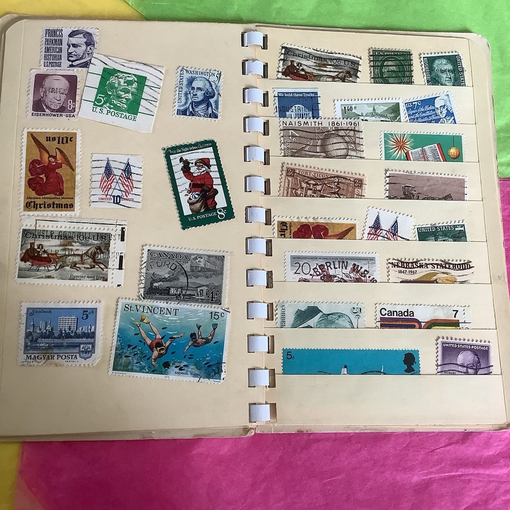 Vintage 2 Stamp Collector’s Stock Books WITH Approx.100+ Per- 1960’s 70’s 80’s