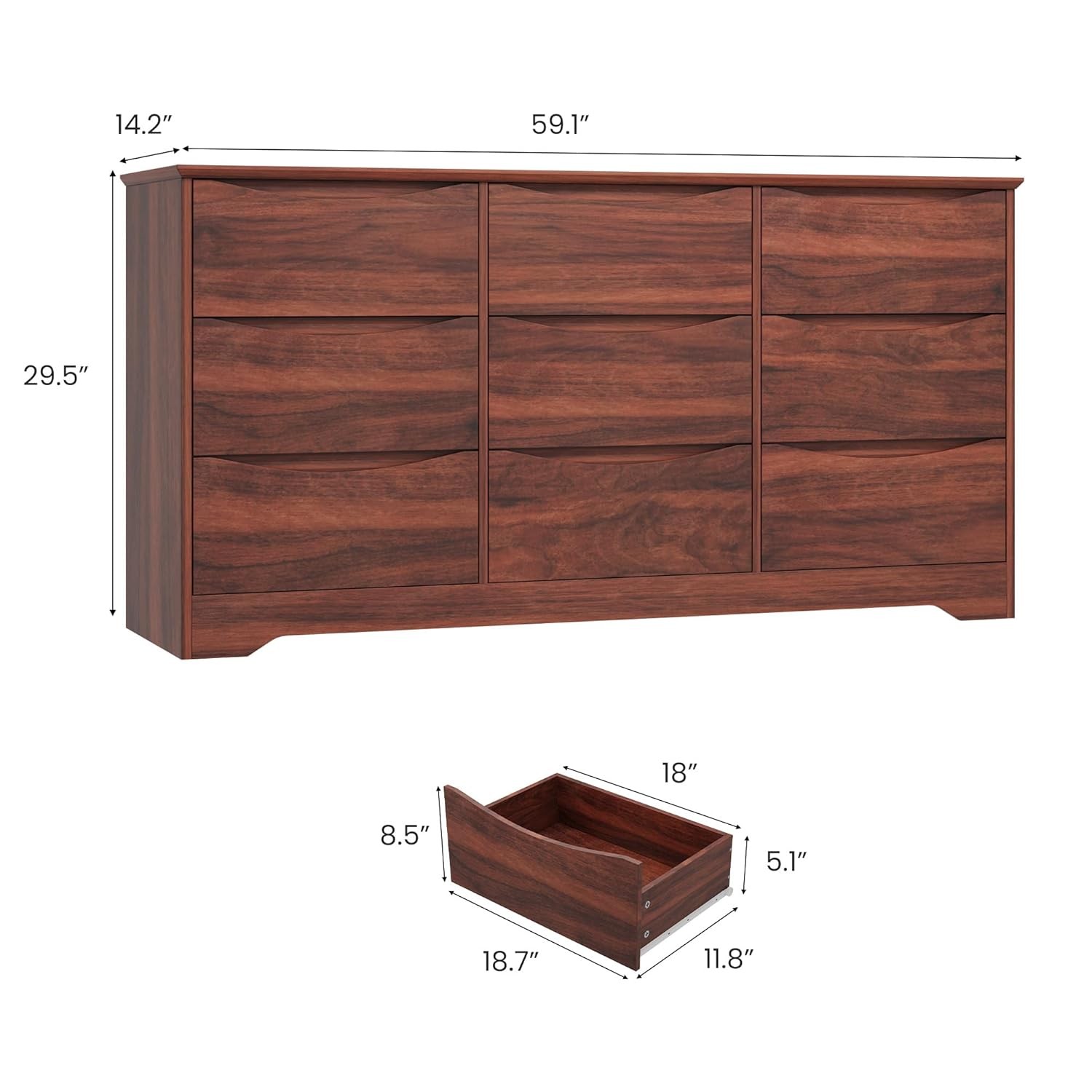 Wooden 9 Dresser for Bedroom, Long Storage Dresser Modern Closet for Bedroom