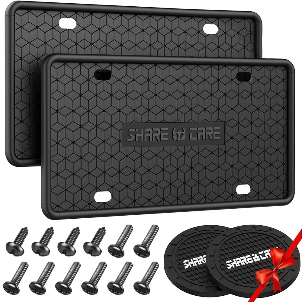 2 Pack Silicone License Plate Frame Holder Black Rust Proof for US CA 2 Coasters