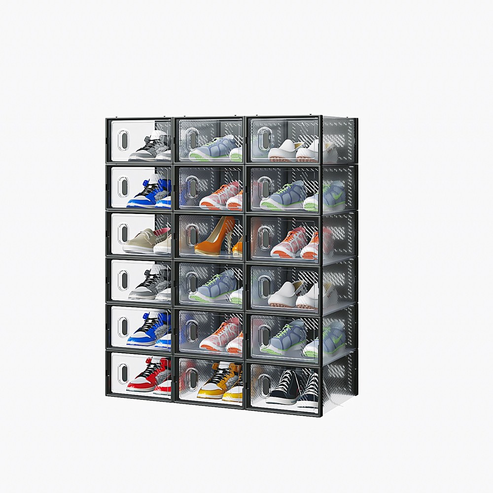 Black Small 18-Piece Shoe Storage Box Set – Plastic Mesh & Stackable Design