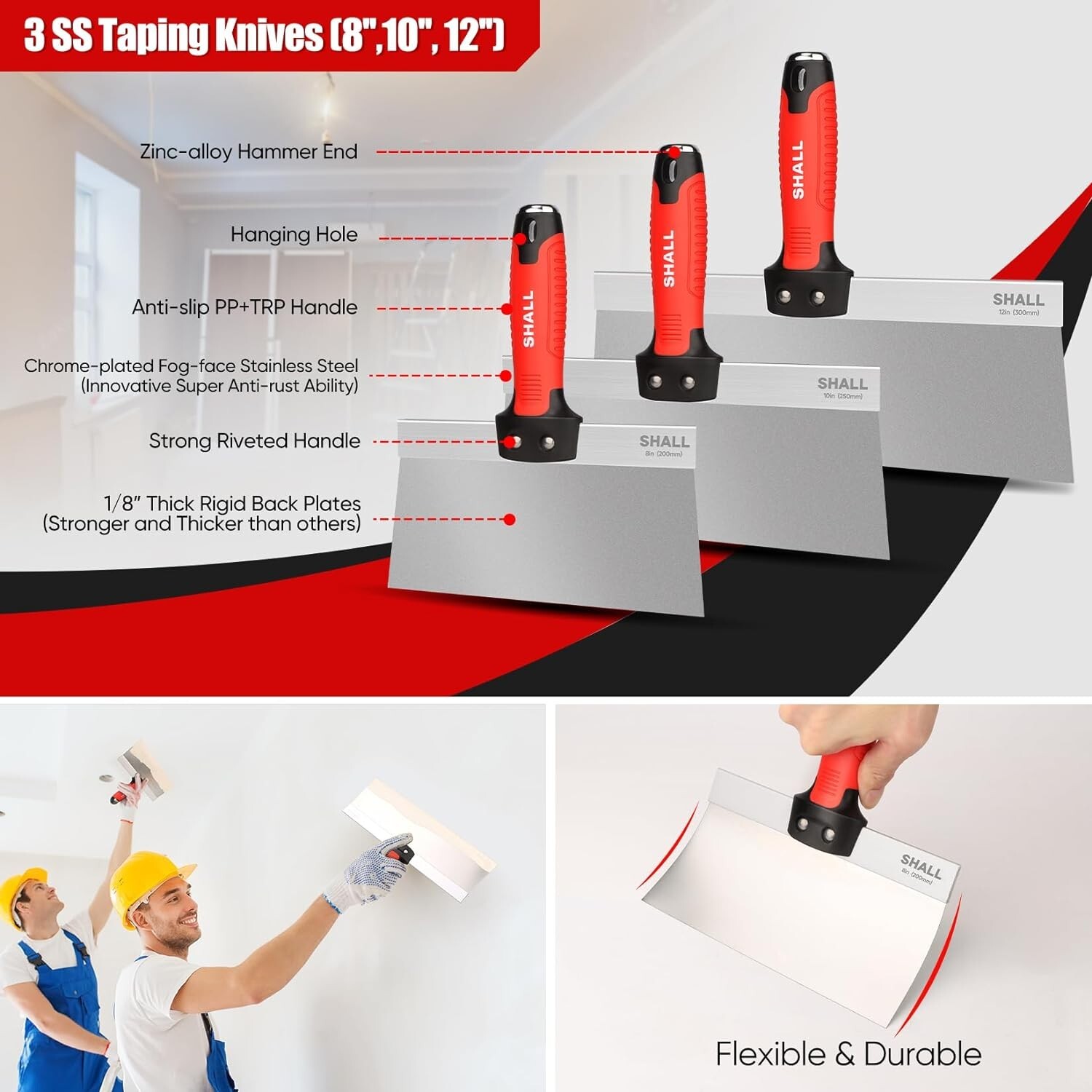 SHALL Drywall Knife Set, 7 Pcs Stainless Steel Drywall Hand Tool Kit