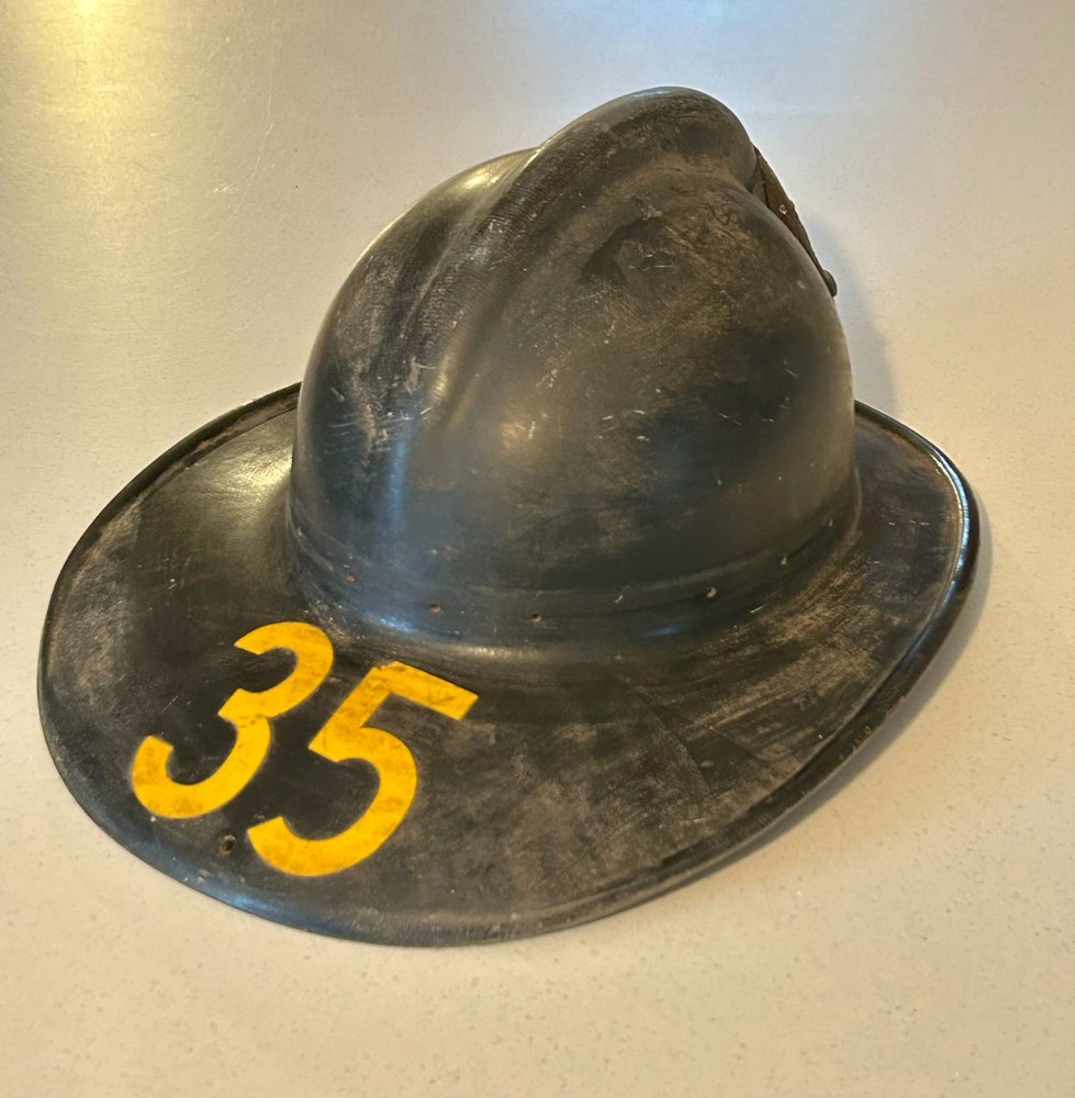 Vintage Cairns Fireman Helmet With Leather Patch - Salty Solid Shell WFD MA