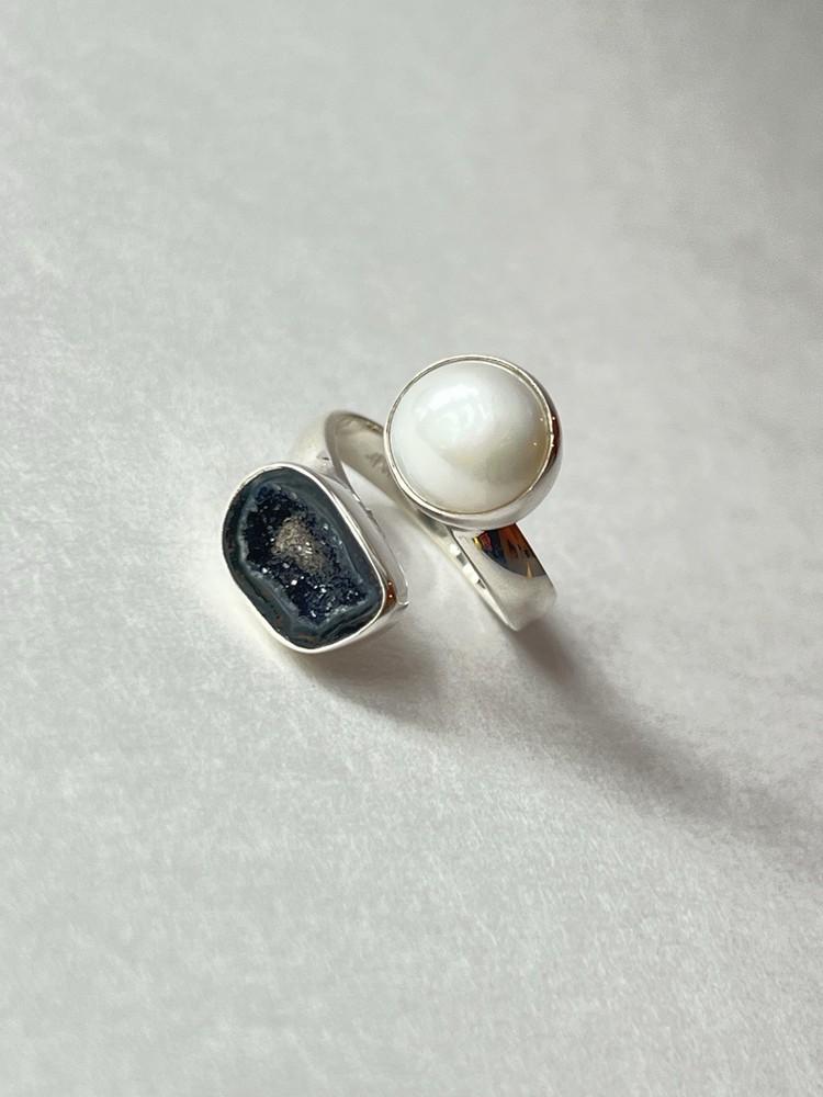 Pearl & Geode Adjustable Ring 925 Sterling Silver Size 7