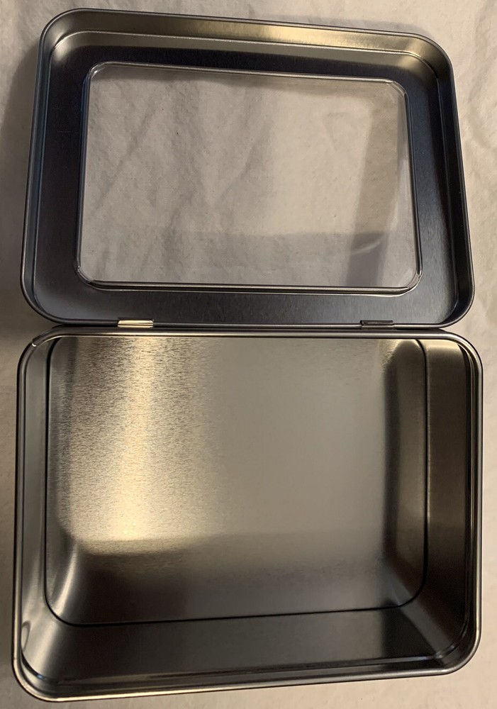 Silver Metal Rectangular Box w/ Hinged Lid Window Display Storage 5.75x4.5x2.25