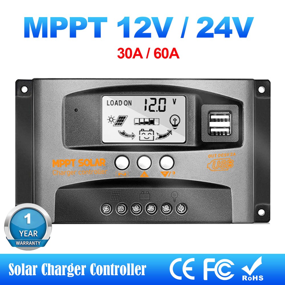 12/24V 30A/60A MPPT Solar Charge Controller Panel Battery Regulator Dual USB