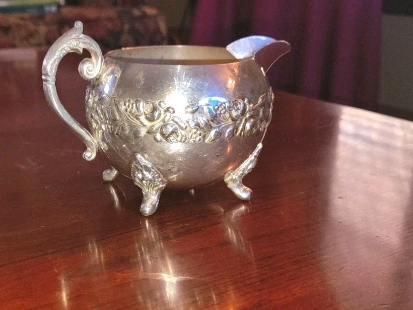 Silver Roses Footed Cream Pitcher with Handle
