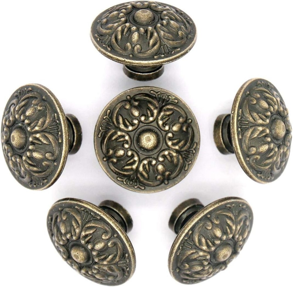6 Pcs Vintage Antique Brass Knobs Handles Pulls with Flower Pattern For Cabinet
