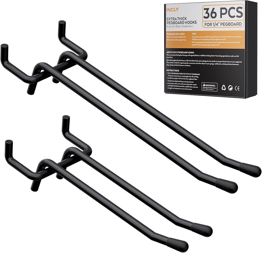 Rust-Resistant 36 Pack Pegboard Hooks - 4 & 6 Inch for Ultimate Organization