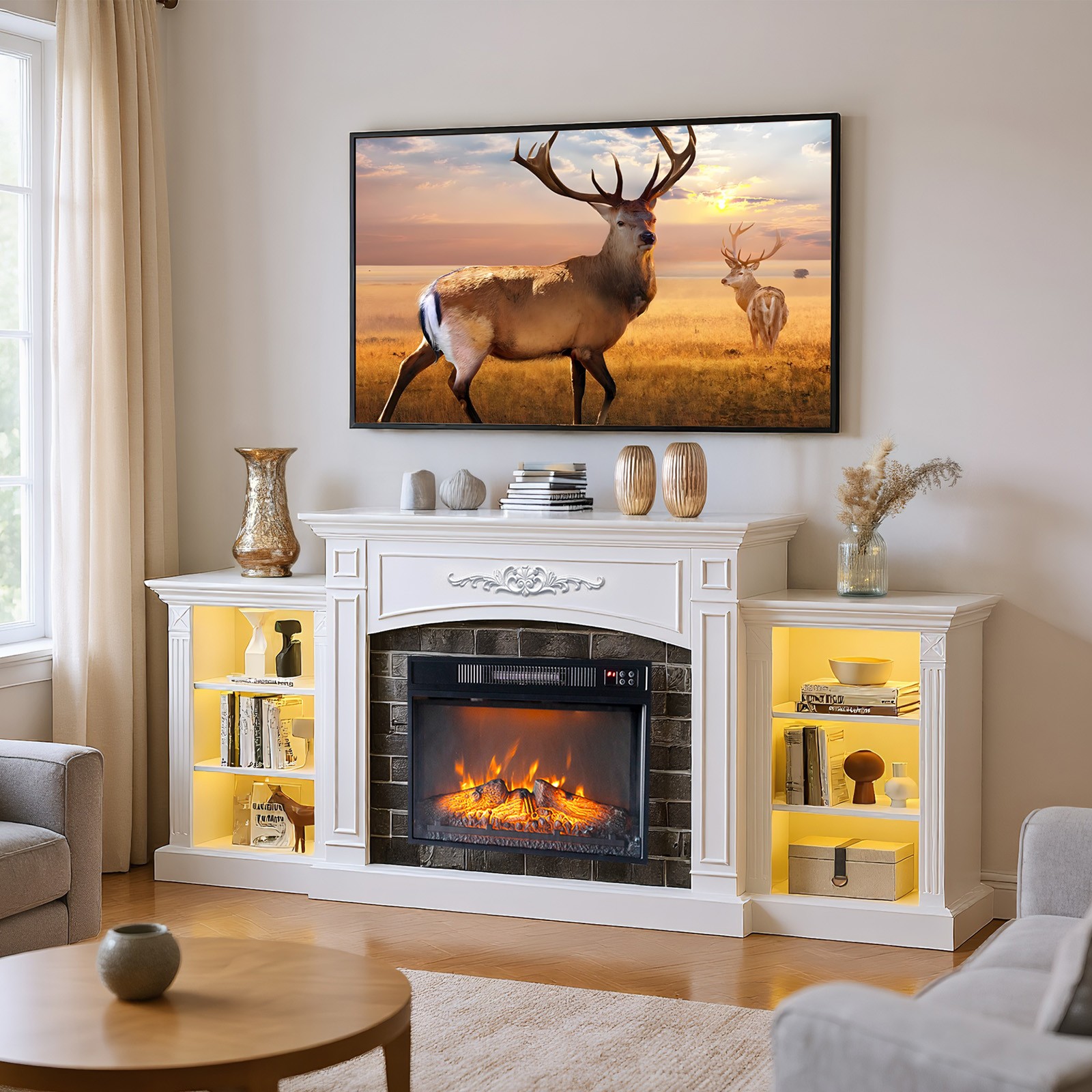 80" Electric Fireplace TV Stand w/ Realistic Flame Effect and Heating for 80" TV