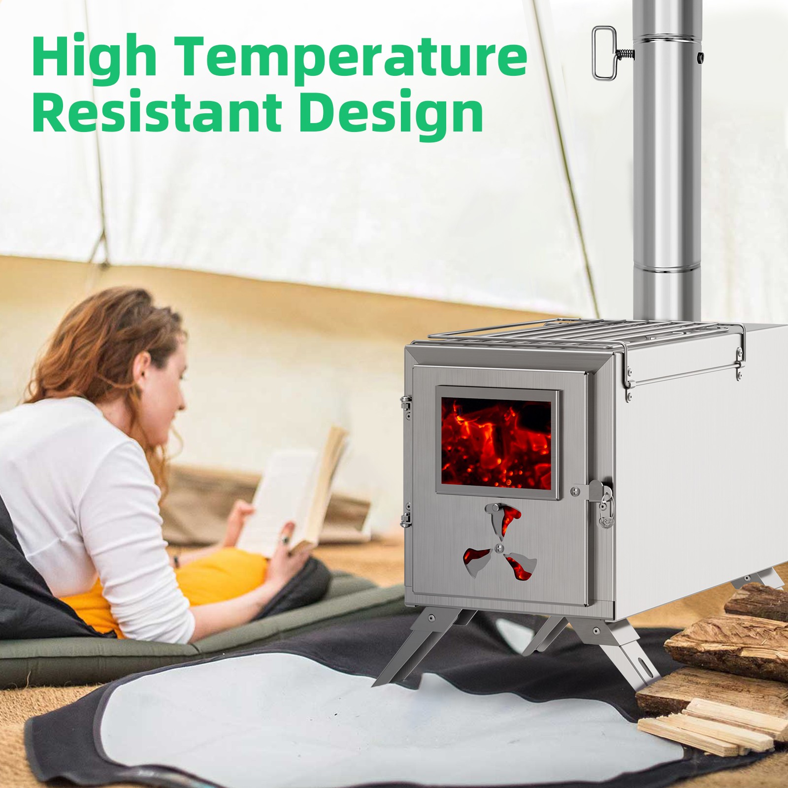 Camping Stove for Tent, Portable Stainless Steel Stove with 7 Chimney Pipes