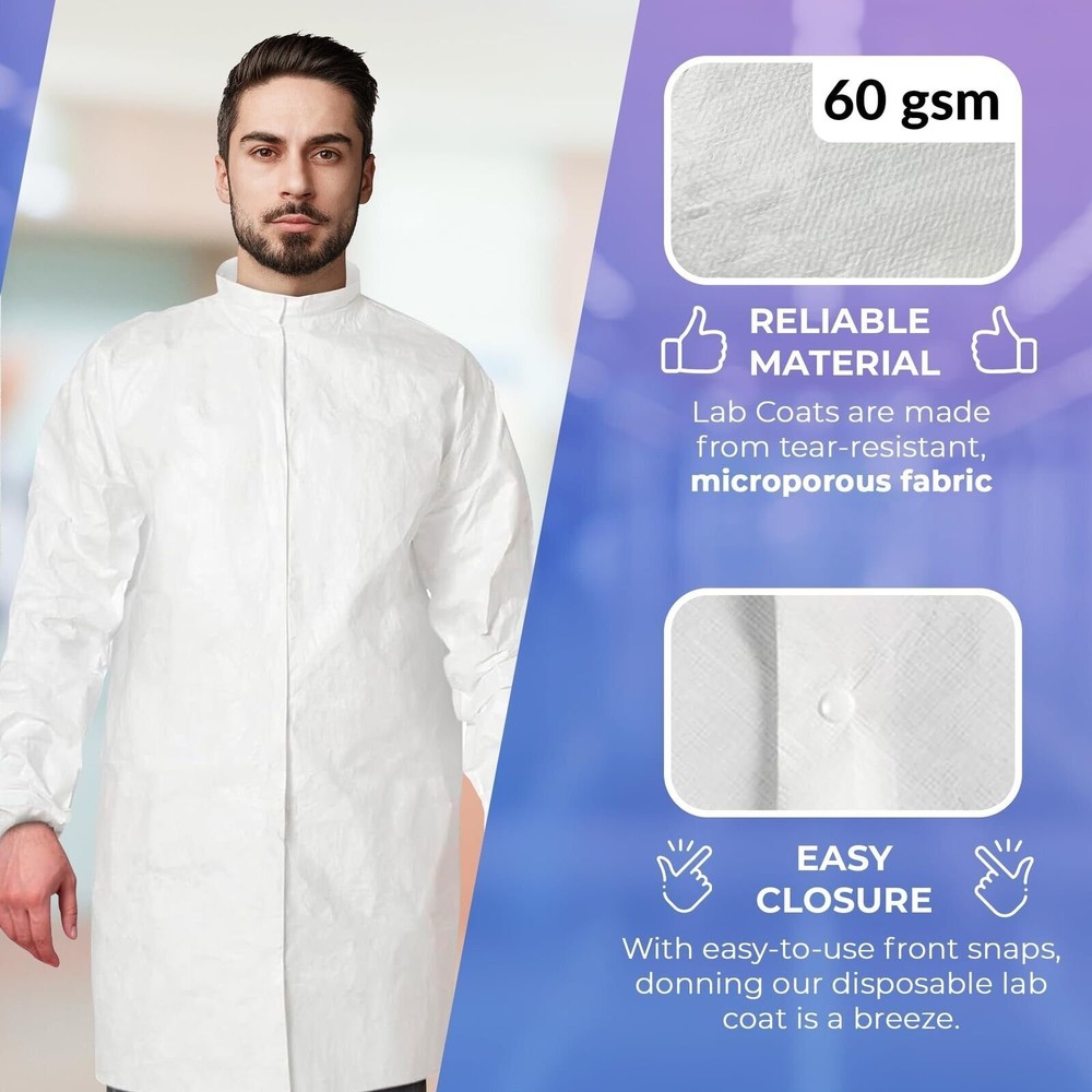 White Disposable Lab Coats, Medium, Pack of 30, Adjustable Collar