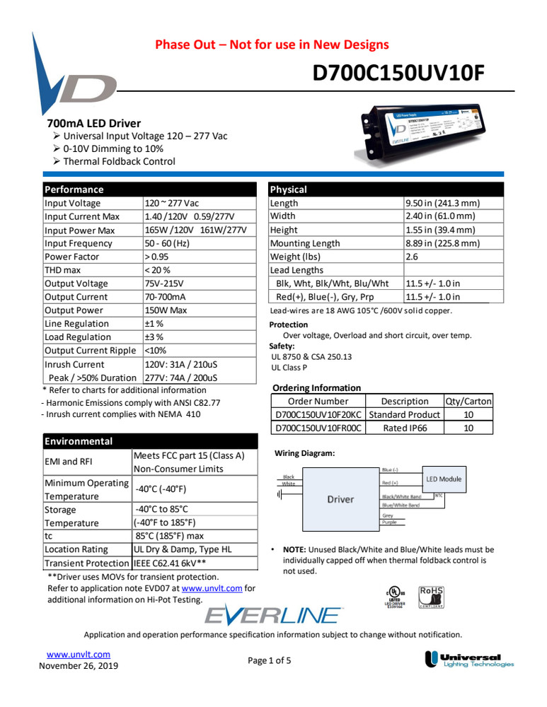 Universal Lighting Tech D700C150UV10F 150W 700mA Everline Voltage LED Driver