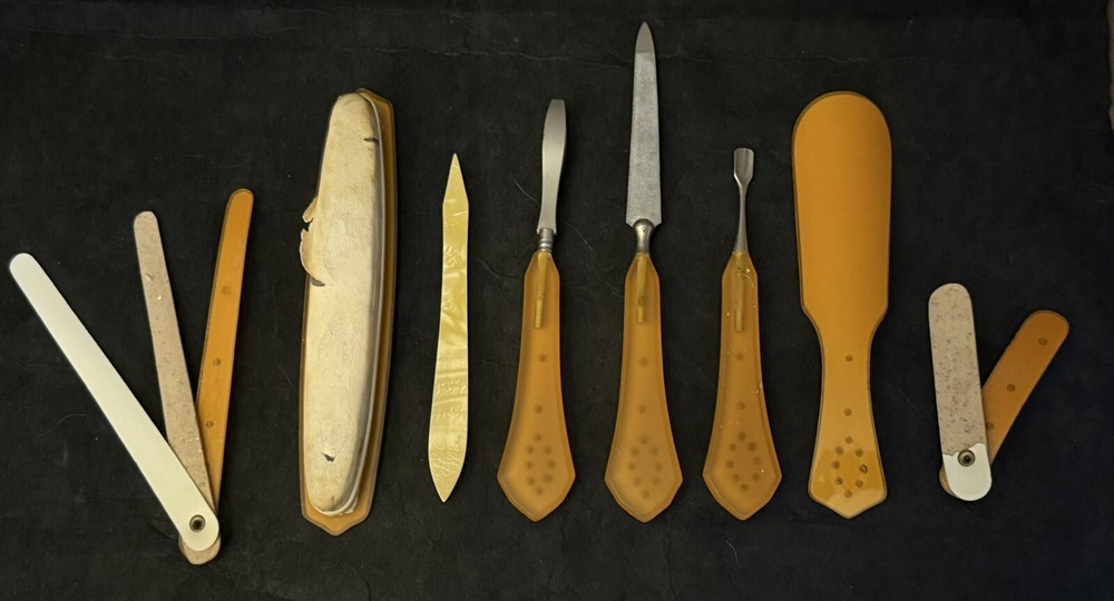 Antique Celluloid Bakelite Manicure Set Art Deco Design Tiny Rhinestones