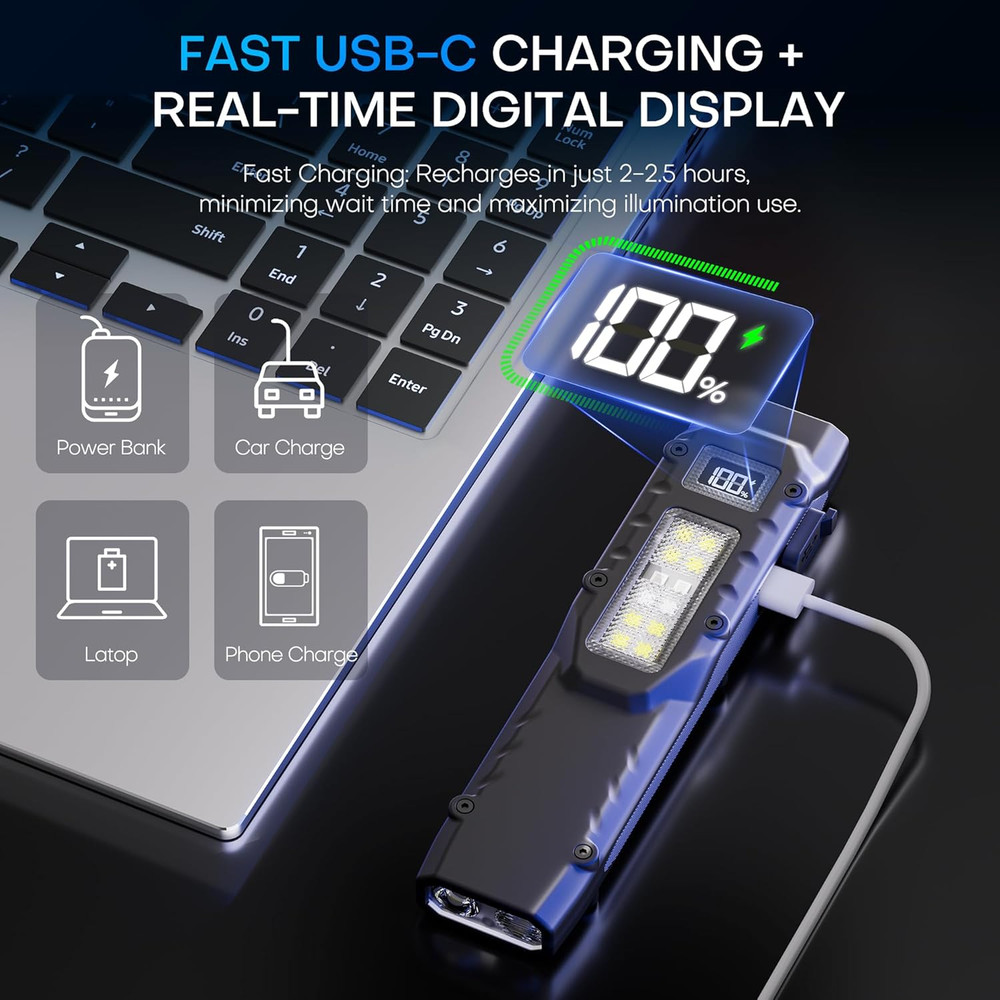 Tactical Flashlight Flat Flashlights Rechargeable Stainless Steel 8 Modes