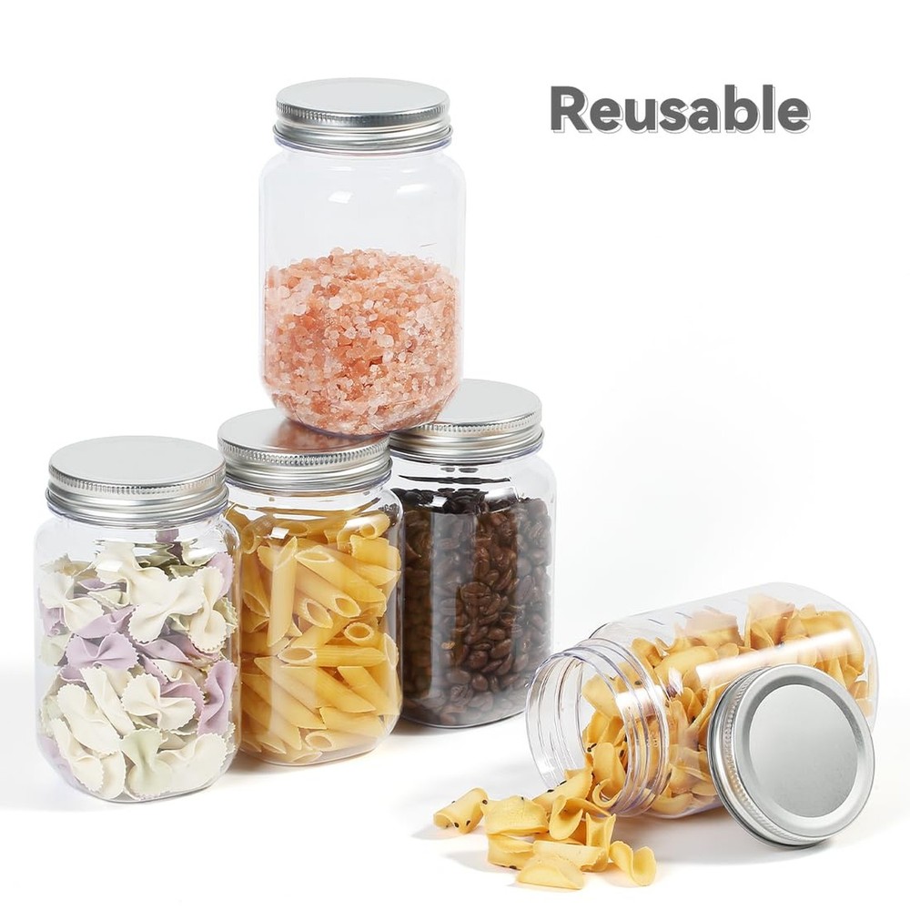 16 OZ Mason Jars Plastic Clear Storage Containers with Lids Empty Refillable ...