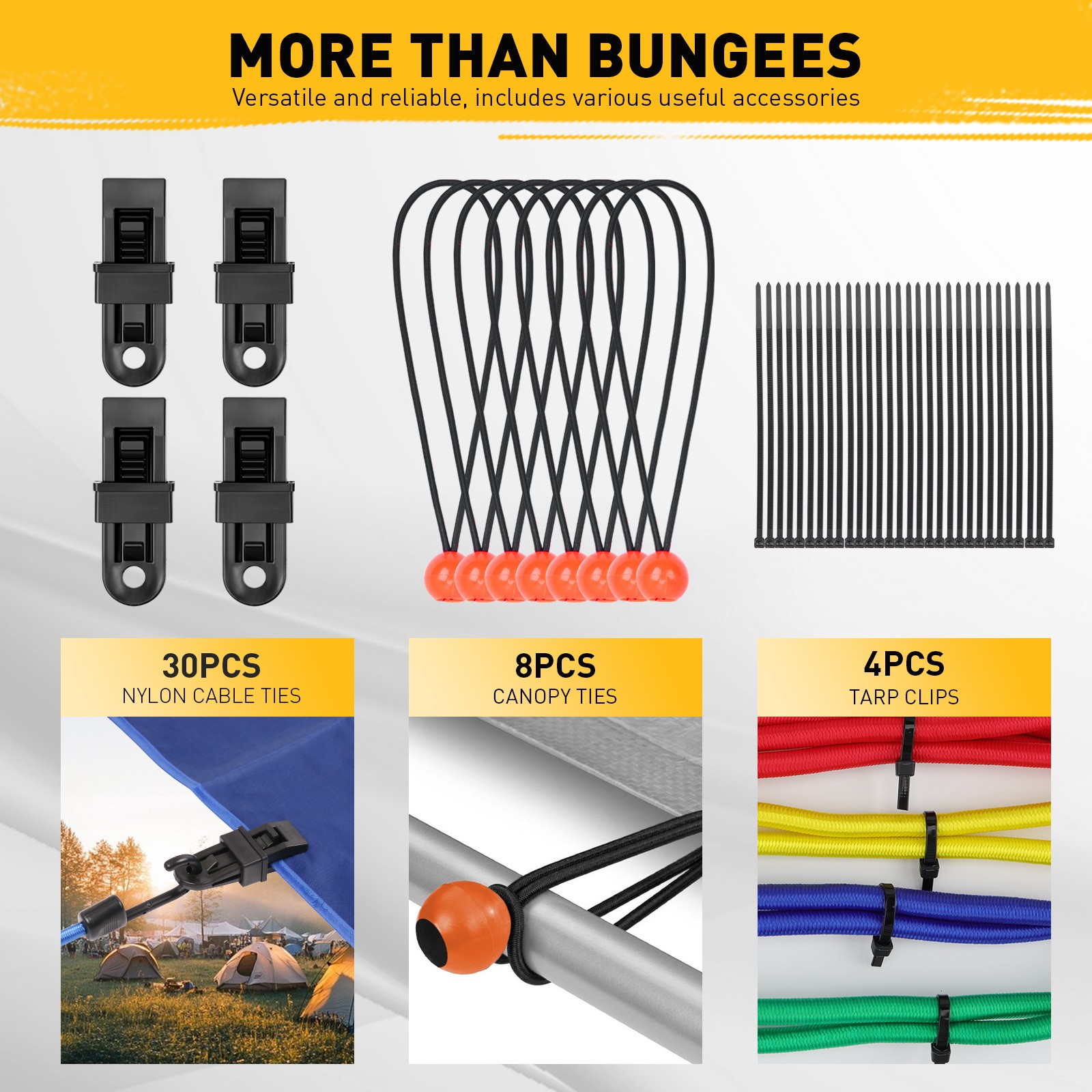 33PC Bungee Cords Set 10" 18" 24" 32" 40" Cable Ties Canopy Tarp Cargo Securing