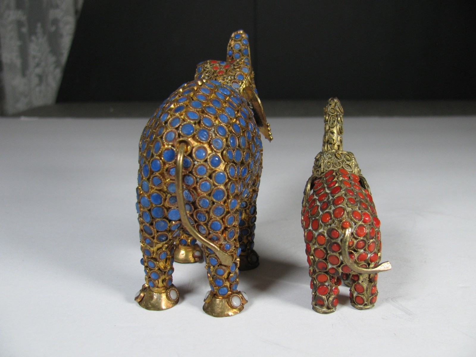 Lot 2 Vintag Tibet or Nepal Elephant Brass Lapis Coral Inlaid Filigree Figurine