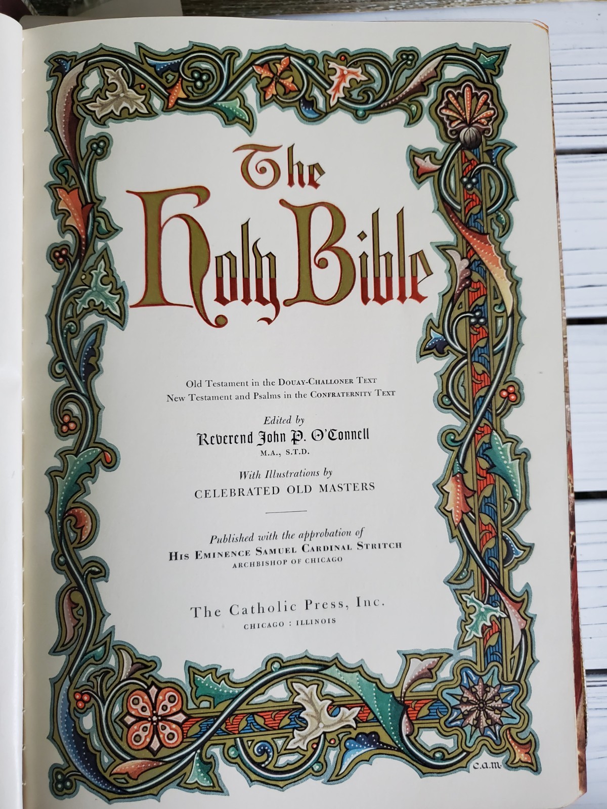 VTG Holy Bible Douay-Challoner & Confraternity Text 1951 White Illustrat Book