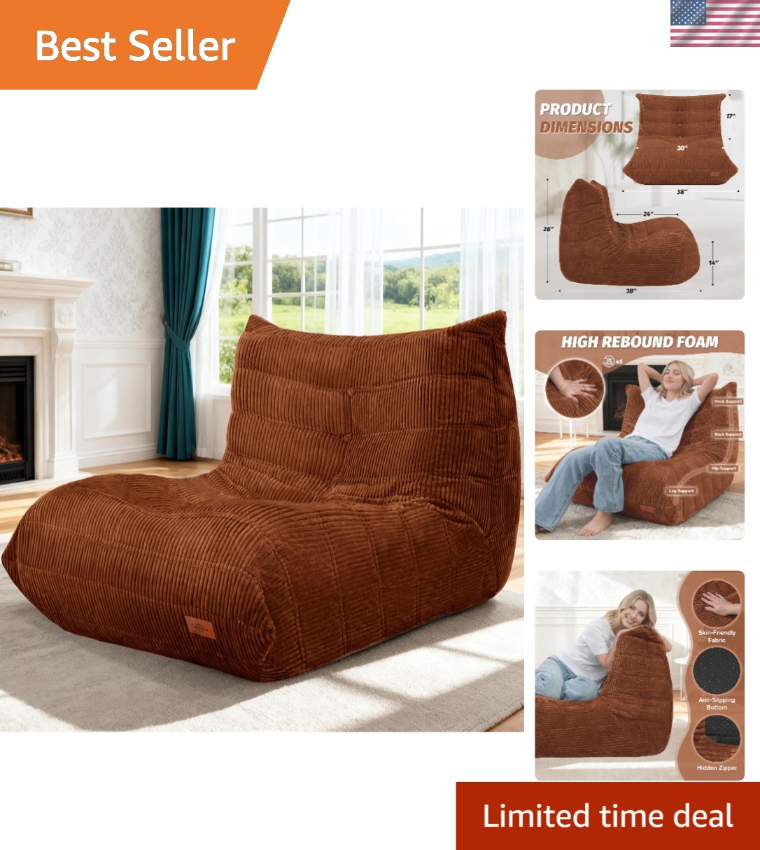 Soft & Durable Bean Bag Chair: High-Rebound Corduroy Sofa for Home Relaxation