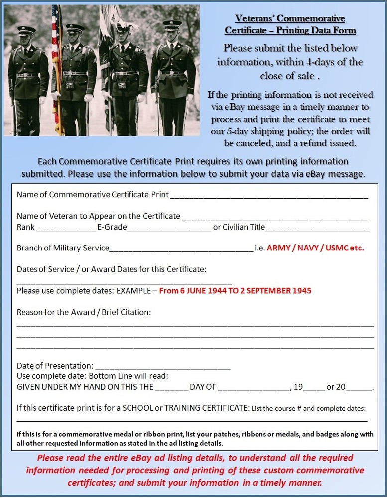 COMBAT SERVICE COMMEMORATIVE MEDAL CERTIFICATE ~ Type 1