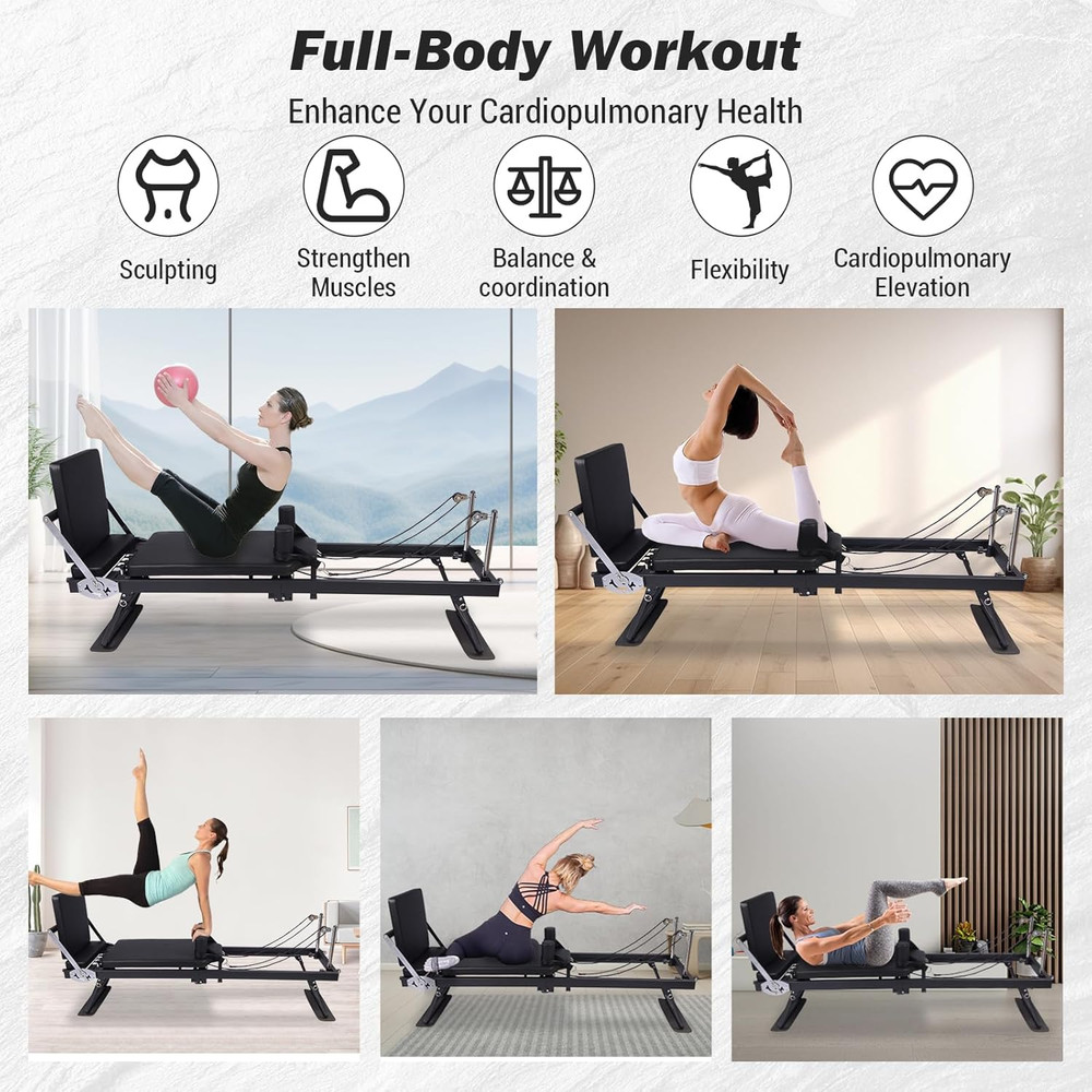 Foldable Pilates Reformer Machine for Home Use,Pilates Bed with Adjustable Sprin