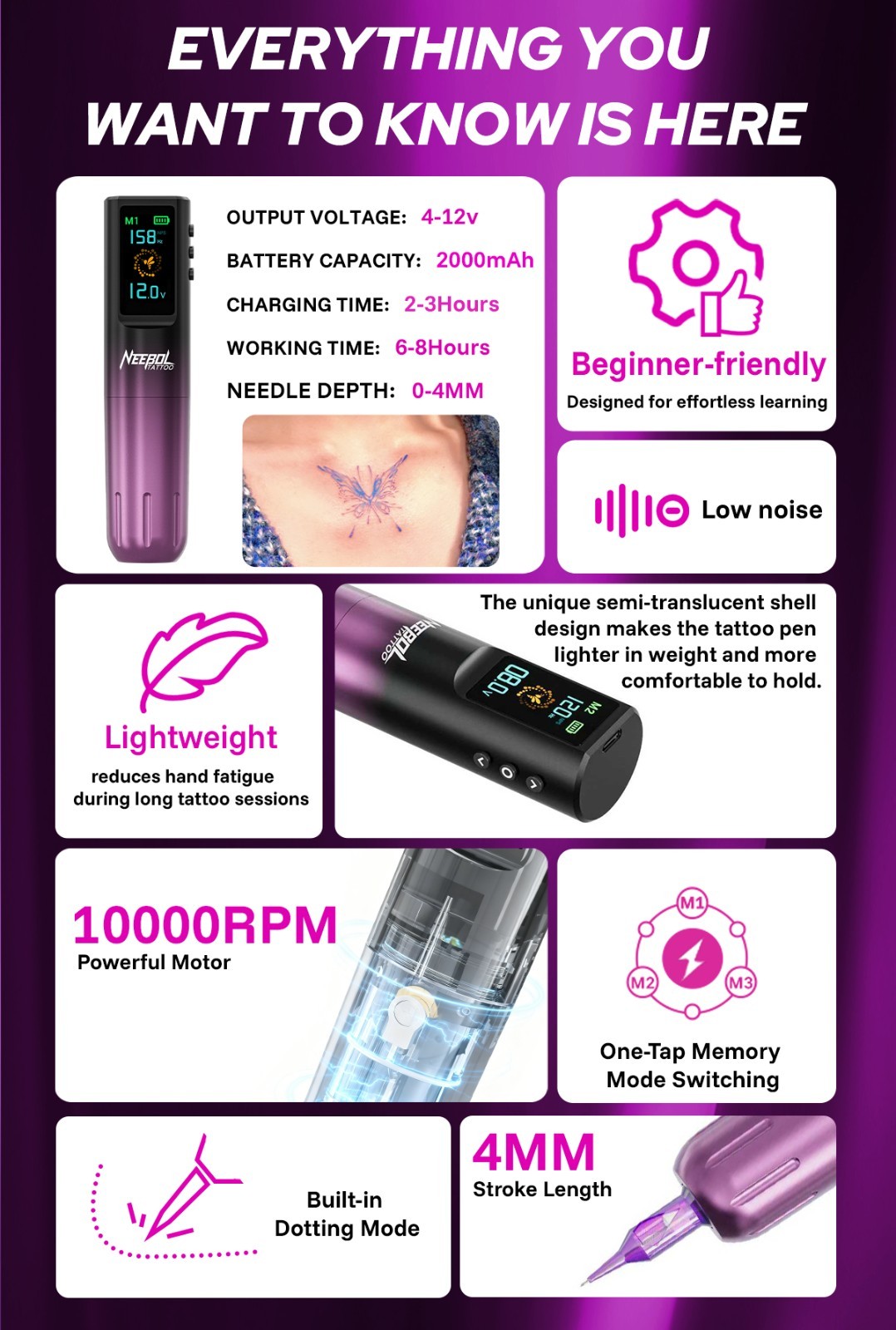 Wireless Tattoo Kit Complete for Beginners Pen Machine with Power Supply Needles