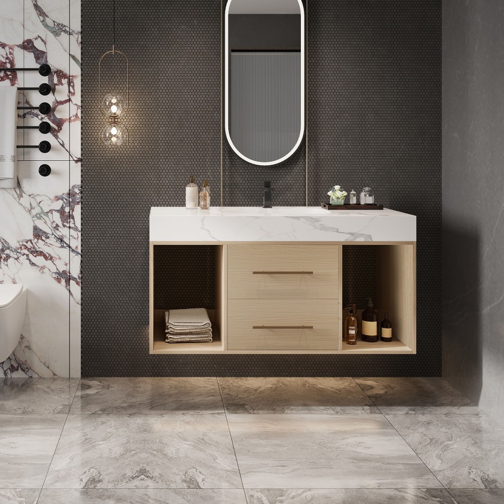 39.4 '' Floating Bathroom Vanity with Ceramic sink, Modern Wall Mounted Vanity