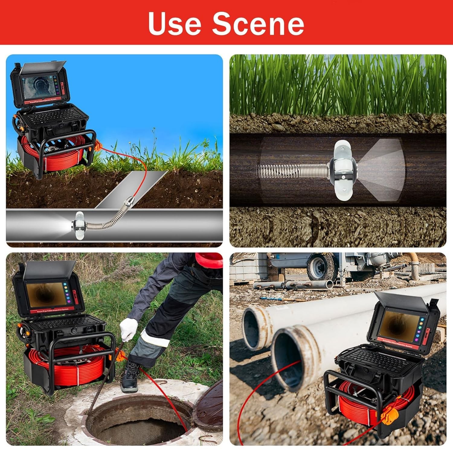 Sewer Camera Self Leveling 300Ft Drain Pipe Cameras 1080P HD 10.1'' Touchscreen