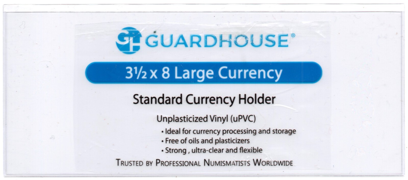 5 - GUARDHOUSE LARGE CURRENCY HOLDERS - 3 3/8 x 8 - UNPLASTICIZED 7 mil SLEEVES