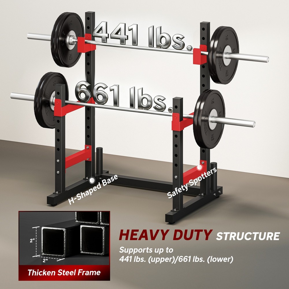 Squat & Bench Press Rack, Adjustable Hooks, 660LB Capacity w/ Plate Holders