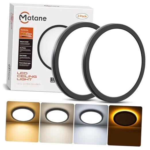 2Pack Dimmable Flush Mount Ceiling Light Fixture with Night Light, 18W Black