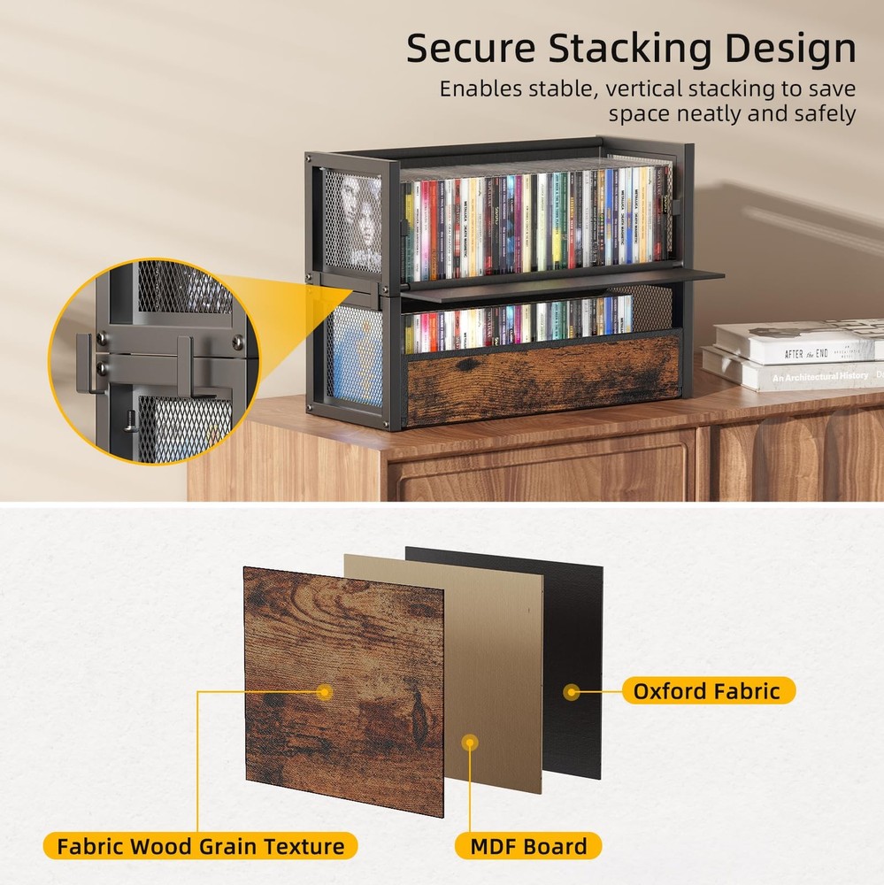 2-Tier CD Holder with Fabric Wood Grain Texture, Stackable CD Storage Case and B
