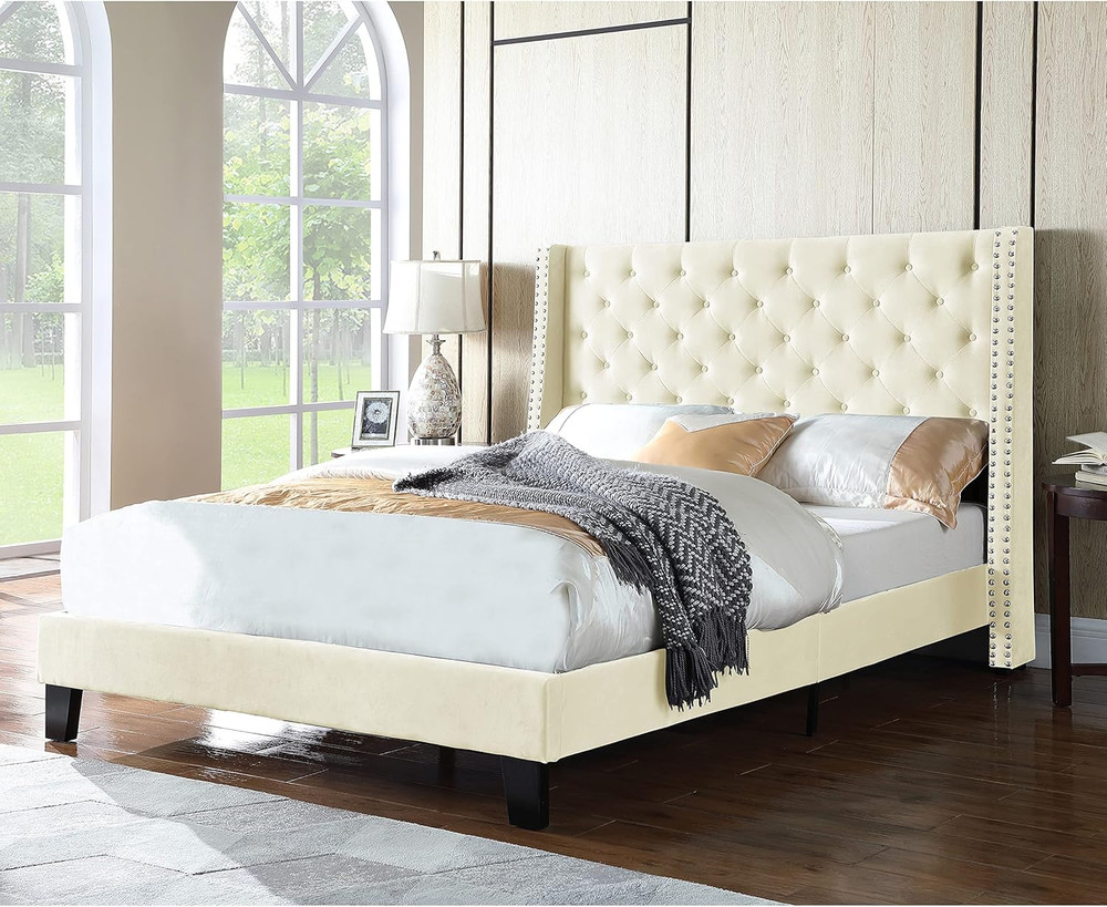Chic Tufted Wingback Bed Frame, Sturdy Wood, Full Size, Beige